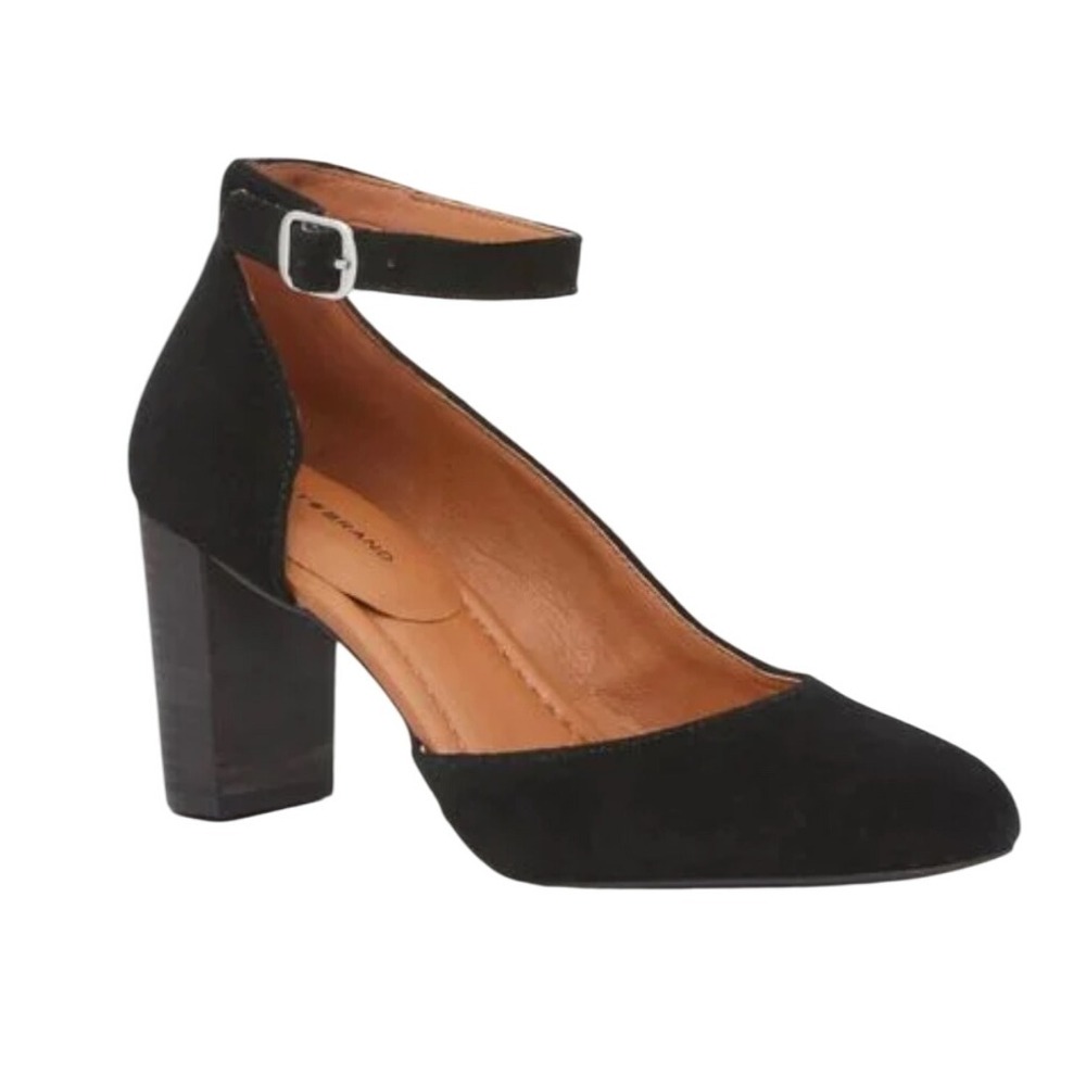 Lucky Brand Black Suede Ankle Strap Block Heel Pumps Womens 7.5 Round Toe dOrsay